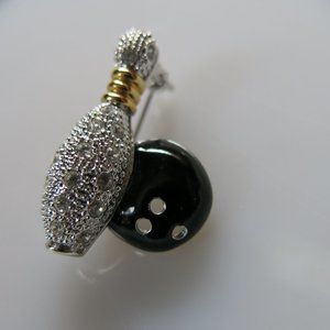 Vintage Silver Gold Rhinestone Crystal Black Enamel Bowling Ball Pin Brooch